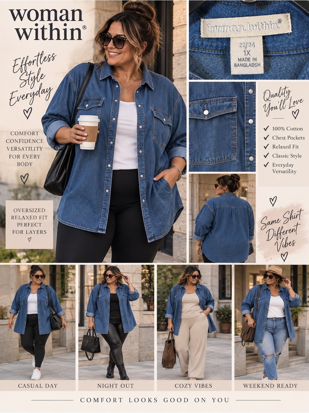 Woman Within 1X 22/24 Oversized Denim Shirt Shacket Plus Size Western